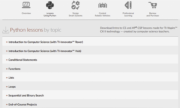 Python lessons by topic on TI’s computer science resources website.